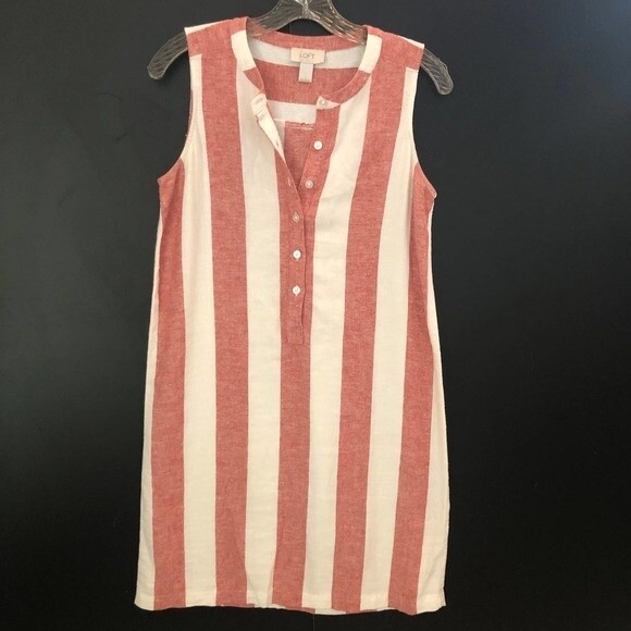Loft Women’s Sleeveless Linen Dress Size Small Red White Striped Summer Casual - Picture 3 of 10